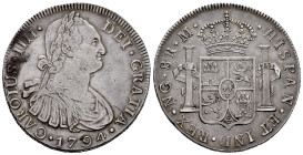 Charles IV (1788-1808). 8 reales. 1794. Guatemala. M. (Cal-884). Ag. 26,86 g. Toned. Scarce. Choice VF. Est...400,00. 

Spanish description: Carlos ...