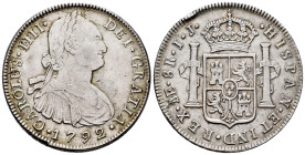 Charles IV (1788-1808). 8 reales. 1792. Lima. IJ. (Cal-908). Ag. 26,91 g. Dos golpecitos en el canto y rayita en anverso. VF/Choice VF. Est...200,00. ...