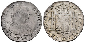 Charles IV (1788-1808). 8 reales. 1796. Lima. IJ. (Cal-913). Ag. 25,94 g. Toned. Choice VF. Est...300,00. 

Spanish description: Carlos IV (1788-180...