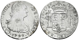Charles IV (1788-1808). 8 reales. 1797. Lima. IJ. (Cal-915). Ag. 26,87 g. Scratch on obverse. Cleaned. Choice VF. Est...120,00. 

Spanish descriptio...