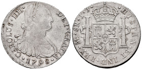 Charles IV (1788-1808). 8 reales. 1798. Lima. IJ. (Cal-916). Ag. 27,07 g. A good sample. Choice VF. Est...150,00. 

Spanish description: Carlos IV (...