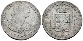 Charles IV (1788-1808). 8 reales. 1799. Lima. IJ. (Cal-917). Ag. 26,68 g. Minor cleaned rust. Choice VF. Est...120,00. 

Spanish description: Carlos...