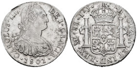 Charles IV (1788-1808). 8 reales. 1801. Lima. IJ. (Cal-919). Ag. 26,11 g. With some original luster remaining. A good sample. Almost XF. Est...350,00....