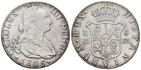 Charles IV (1788-1808). 8 reales. 1805. Madrid. FA. (Cal-943). Ag. 27,01 g. Cleaned. Hairlines. Scarce. Choice VF. Est...250,00. 

Spanish descripti...