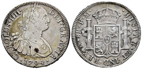 Charles IV (1788-1808). 8 reales. 1794. Mexico. FM. (Cal-956). Ag. 26,69 g. Cleaned. VF. Est...90,00. 

Spanish description: Carlos IV (1788-1808). ...
