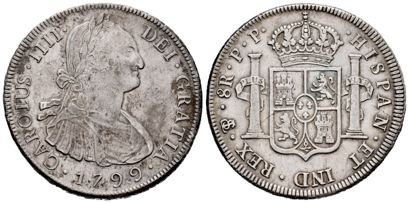 Charles IV (1788-1808). 8 reales. 1799. Potosí. PP. (Cal-1003). Ag. 26,91 g. Scr...