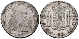 Charles IV (1788-1808). 8 reales. 1799. Potosí. PP. (Cal-1003). Ag. 26,91 g. Scrachtes on the edge at 12 h. Choice VF. Est...150,00. 

Spanish descr...