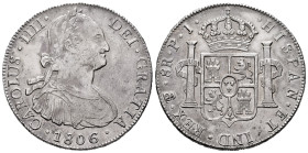 Charles IV (1788-1808). 8 reales. 1806. Potosí. PJ. (Cal-1012). Ag. 26,92 g. Soft tone. Scarce in this grade. Almost XF. Est...250,00. 

Spanish des...