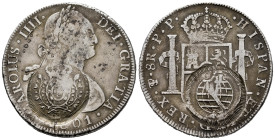 Charles IV (1788-1808). 8 reales. 1801. Potosí. PP. (Cal-1005). Ag. 26,67 g. Minas Gerais countermarks for circulation as 960 reis. VF. Est...400,00. ...