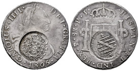 Charles IV (1788-1808). 8 reales. 1805. Potosí. PJ. (Cal-1010). Ag. 26,94 g. Minas Gerais countermarks for circulation as 960 reis (XF+). Almost VF. E...