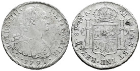 Charles IV (1788-1808). 8 reales. 1791. Santiago. DA. (Cal-1019). Ag. 26,34 g. First-year king´s bust. Surface corrosion removed. Very rare. VF. Est.....