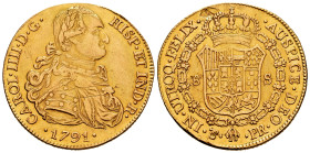 Charles IV (1788-1808). 8 escudos. 1791. Potosí. PR. (Cal-1694). (Cal onza-1084). Au. 26,86 g. Laureate bust. Planchet flaws on reverse. Strike scratc...