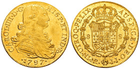 Charles IV (1788-1808). 8 escudos. 1797. Santa Fe de Nuevo Reino. JJ. (Cal-1730). (Cal onza-1129). (Restrepo-97-16). Au. 26,98 g. Faint scratches. Wit...