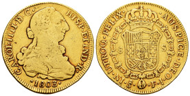 Charles IV (1788-1808). 8 escudos. 1803. Santiago. FJ. (Cal-1773). (Cal onza-1174). Au. 26,69 g. It was hung. Bust of Charles III and ordinal of king ...