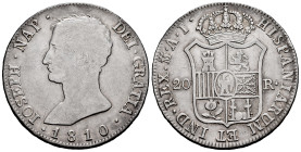 Joseph Napoleon (1808-1814). 20 reales. 1810. Madrid. (Cal-37). Ag. 26,85 g. Large eagle. Choice F/VF. Est...300,00. 

Spanish description: José Nap...