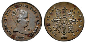 Elizabeth II (1833-1868). 1 maravedi. 1842. Segovia. (Cal-35). Ae. 1,35 g. Very beautiful specimen. Scarce in this grade. Almost MS. Est...140,00. 
...