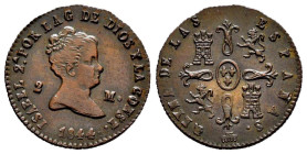 Elizabeth II (1833-1868). 2 maravedis. 1844. Segovia. (Cal-56). Ae. 2,28 g. Almost XF/XF. Est...50,00. 

Spanish description: Isabel II (1833-1868)....
