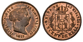 Elizabeth II (1833-1868). 5 centimos de escudo. 1855. Segovia. (Cal-160). Ae. 1,80 g. Some original luster remaining. XF. Est...60,00. 

Spanish des...