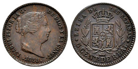 Elizabeth II (1833-1868). 5 centimos de real. 1859. Segovia. (Cal-164). Ae. 2,00 g. Almost XF/Choice VF. Est...40,00. 

Spanish description: Isabel ...
