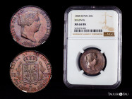 Elizabeth II (1833-1868). 25 cents. 1858. Segovia. (Cal-191). Ae. Magnificent specimen. Slabbed by NGC as MS 64 BN (Top Pop), the best specimen known ...
