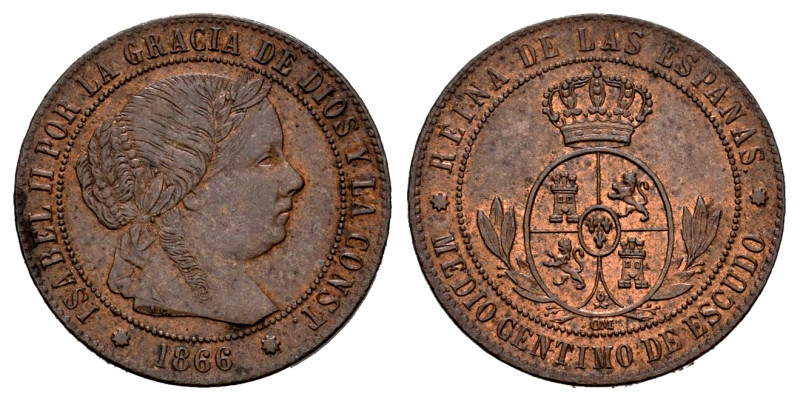 Elizabeth II (1833-1868). 1/2 centimo de escudo. 1866. Barcelona. OM. (Cal-199)....