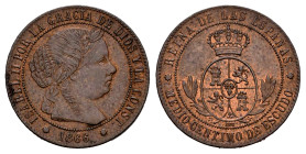 Elizabeth II (1833-1868). 1/2 centimo de escudo. 1866. Barcelona. OM. (Cal-199). Ae. 1,23 g. Almost XF. Est...50,00. 

Spanish description: Isabel I...