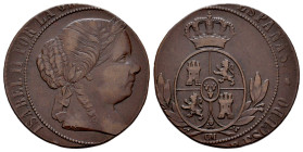 Elizabeth II (1833-1868). 5 centimos de escudo. Sevilla. OM. Ae. 6,41 g. Minted in the planchet of 2 1/2 cents. very rare. VF. Est...50,00. 

Spanis...