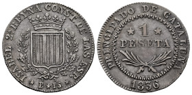 Elizabeth II (1833-1868). 1 peseta. 1836. Barcelona. PS. (Cal-271). Ag. 5,82 g. Striated edge. Toned. Scarce. Choice VF. Est...250,00. 

Spanish des...