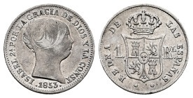 Elizabeth II (1833-1868). 1 real. 1853. Barcelona. (Cal-276). Ag. 1,28 g. VF/Choice VF. Est...35,00. 

Spanish description: Isabel II (1833-1868). 1...