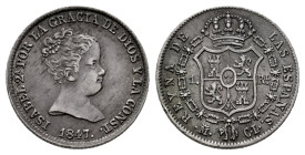 Elizabeth II (1833-1868). 1 real. 1847. Madrid. CL. (Cal-299). Ag. 1,50 g. Beautiful patina. Choice VF. Est...70,00. 

Spanish description: Isabel I...