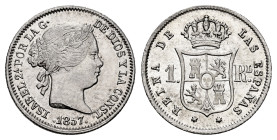 Elizabeth II (1833-1868). 1 real. 1857. Madrid. (Cal-306). Ag. 1,25 g. Some original luster remaining. Scarce in this grade. XF. Est...100,00. 

Spa...
