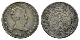 Elizabeth II (1833-1868). 1 real. 1840. Sevilla. RD. (Cal-314). Ag. 1,46 g. Very scarce. Choice F. Est...75,00. 

Spanish description: Isabel II (18...