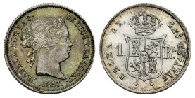 Elizabeth II (1833-1868). 1 real. 1857. Sevilla. (Cal-326). Ag. 1,25 g. Sligthly iridiscent tone. Original luster. Scarce, even more in this grade. XF...