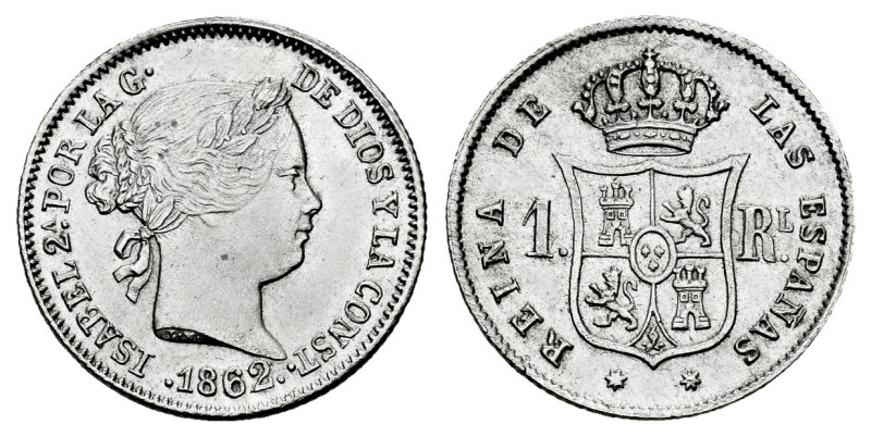 Elizabeth II (1833-1868). 1 real. 1862/57. Sevilla. (Cal-332). Ag. 1,33 g. Overd...