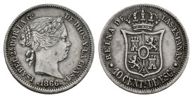 Elizabeth II (1833-1868). 10 centimos de escudo. 1866. Madrid. (Cal-339). Ag. 1,35 g. Scarce. Choice VF. Est...60,00. 

Spanish description: Isabel ...