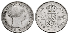 Elizabeth II (1833-1868). 2 reales. 1855. Barcelona. (Cal-347). Ag. 2,54 g. Minor nick on reverse. Very scarce. Almost XF. Est...120,00. 

Spanish d...