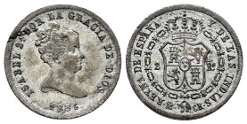 Elizabeth II (1833-1868). 2 reales. 1836. Madrid. CR. (Cal-354). Ag. 2,95 g. Slight defect on obverse. Minor scratch on reverse. Slightly dirty. Scarc...