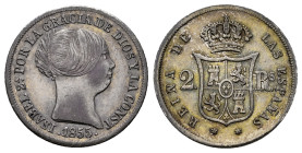 Elizabeth II (1833-1868). 2 reales. 1855. Madrid. (Cal-370). Ag. 2,55 g. Toned. Scarce. Choice VF. Est...100,00. 

Spanish description: Isabel II (1...