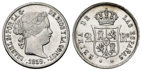 Elizabeth II (1833-1868). 2 reales. 1859. Madrid. (Cal-374). Ag. 2,54 g. With some original luster remaining. Almost XF. Est...80,00. 

Spanish desc...