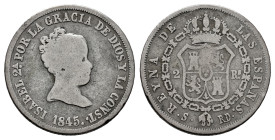 Elizabeth II (1833-1868). 2 reales. 1845. Sevilla. RD. (Cal-384). Ag. 2,83 g. Scarce. Almost F. Est...25,00. 

Spanish description: Isabel II (1833-...