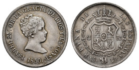 Elizabeth II (1833-1868). 2 reales. 1850/45. Sevilla. RD. (Cal-385). Ag. 2,53 g. Overdate. Attractive tone. Almost XF. Est...100,00. 

Spanish descr...