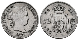 Elizabeth II (1833-1868). 2 reales. 1863. Sevilla. (Cal-401). Ag. 2,53 g. Almost VF. Est...25,00. 

Spanish description: Isabel II (1833-1868). 2 re...
