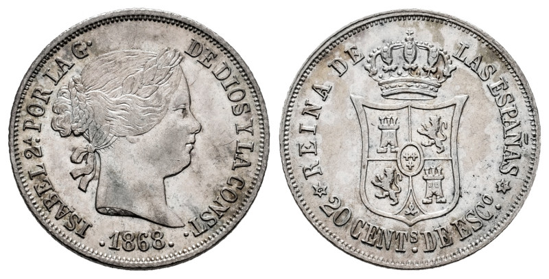 Elizabeth II (1833-1868). 20 centimos de escudo. 1868*6-8. Madrid. (Cal-407). Ag...