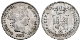 Elizabeth II (1833-1868). 20 centimos de escudo. 1868*6-8. Madrid. (Cal-407). Ag. 2,60 g. Scarce. Choice VF. Est...80,00. 

Spanish description: Isa...