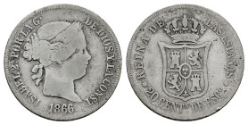 Elizabeth II (1833-1868). 20 centimos de escudo. 1866. Sevilla. (Cal-409). Ag. 2,55 g. Very scarce. F. Est...70,00. 

Spanish description: Isabel II...