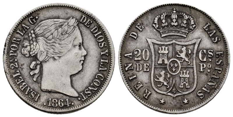 Elizabeth II (1833-1868). 20 centavos. 1864. Manila. (Cal-657). Ag. 5,15 g. Rare...