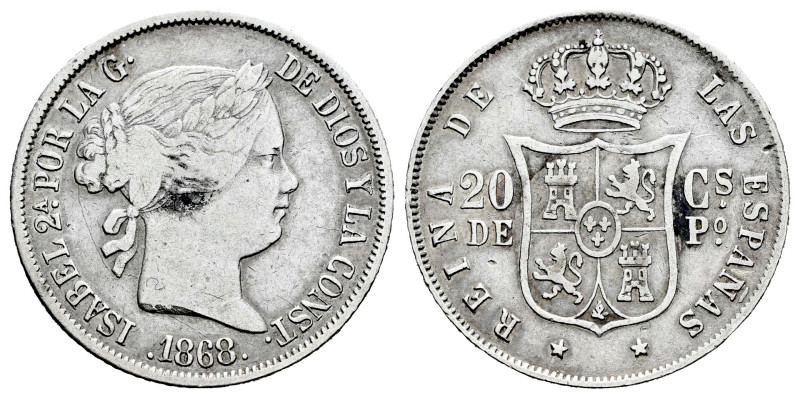 Elizabeth II (1833-1868). 20 centavos. 1868. Manila. (Cal-661). Ag. 5,17 g. Choi...