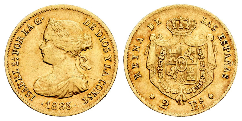 Elizabeth II (1833-1868). 2 escudos. 1865. Madrid. (Cal-675). Au. 1,70 g. VF. Es...