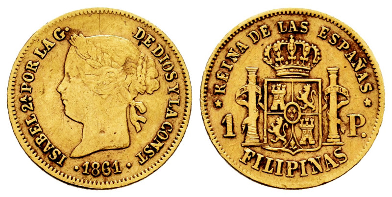 Elizabeth II (1833-1868). 1 peso. 1861/0. Manila. (Cal-819). Au. 1,67 g. Weakly ...