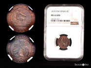 Provisional Government (1868-1871). 2 centimos. 1870. Barcelona. OM. (Cal-4). Ae. Magnificent piece. Scarce in this grade. Encapsulated by NGC as MS 6...